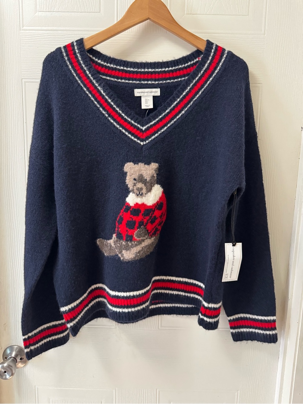 cupcakes & cashmere Navy V‑Neck Sweater with Red & White Stripe and Bear Motif